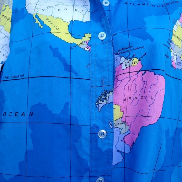 Vintage Womens Blue Shirt 80s Collared Button Front World Map Size M Polyester - Picture 10 of 12